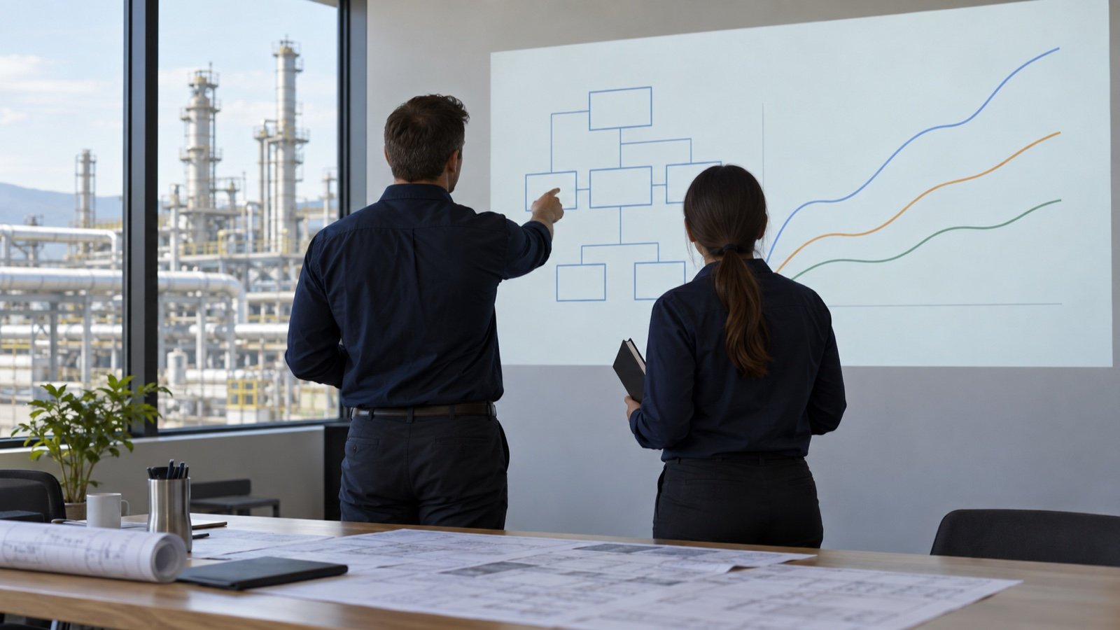 Software and data specialists viewed from behind review application diagrams and analytical charts in an engineering office.