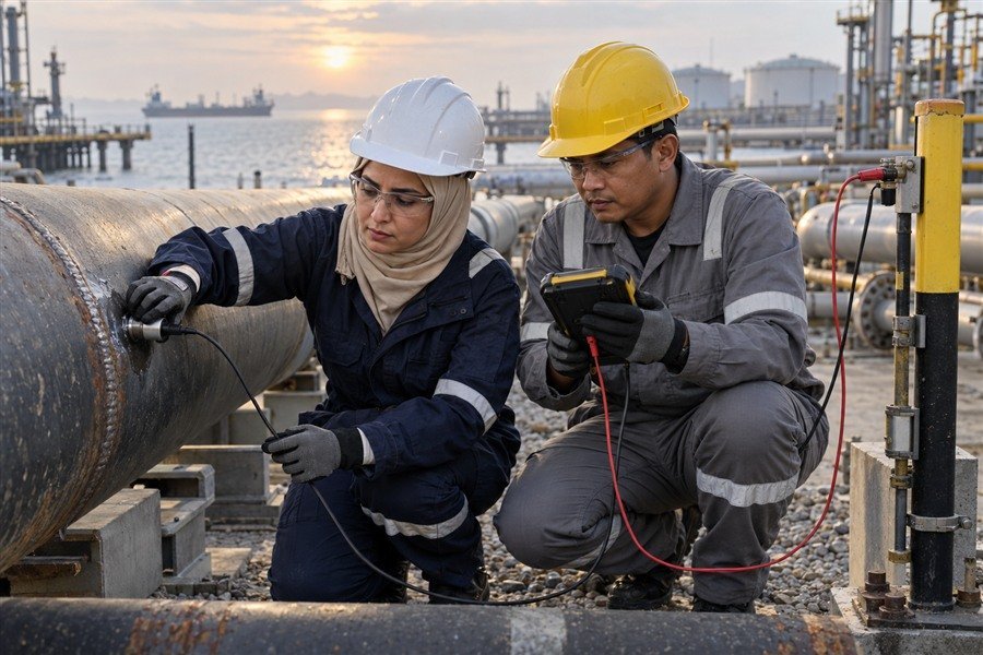 Inspectors assessing corrosion on industrial pipework.