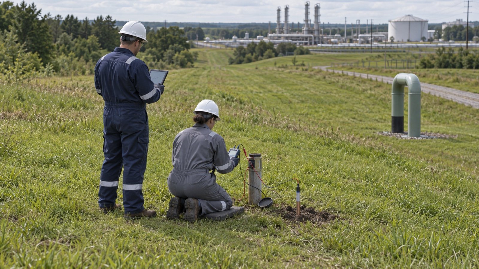 Technicians taking cathodic protection measurements along a buried pipeline near a gas facility.