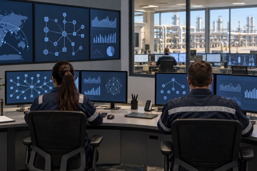 Security analysts viewed from behind review network diagrams and monitoring screens in an operations room.