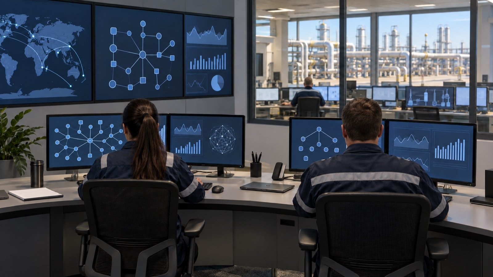Security analysts viewed from behind review network diagrams and monitoring screens in an operations room.