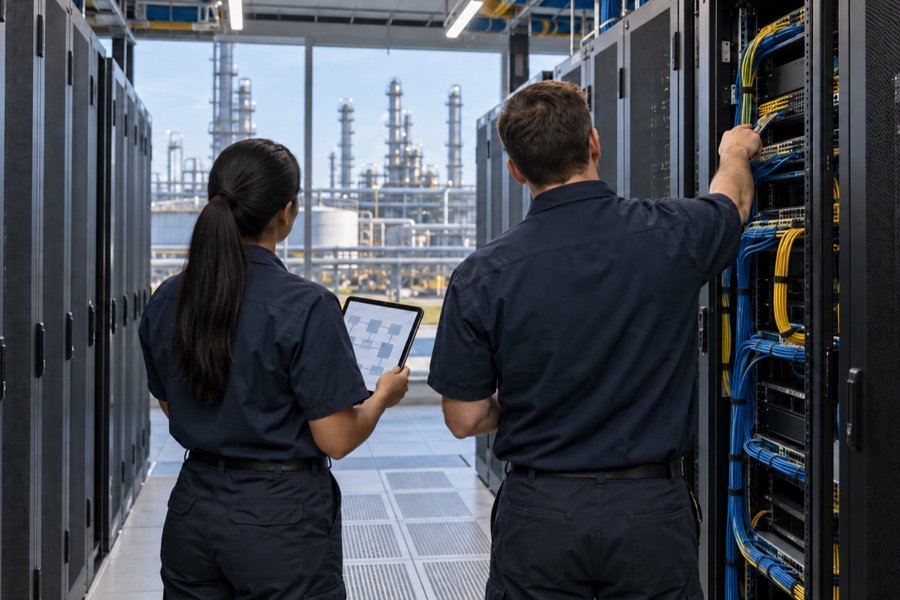 Infrastructure engineers viewed from behind inspect server racks and network connections in a data center aisle.