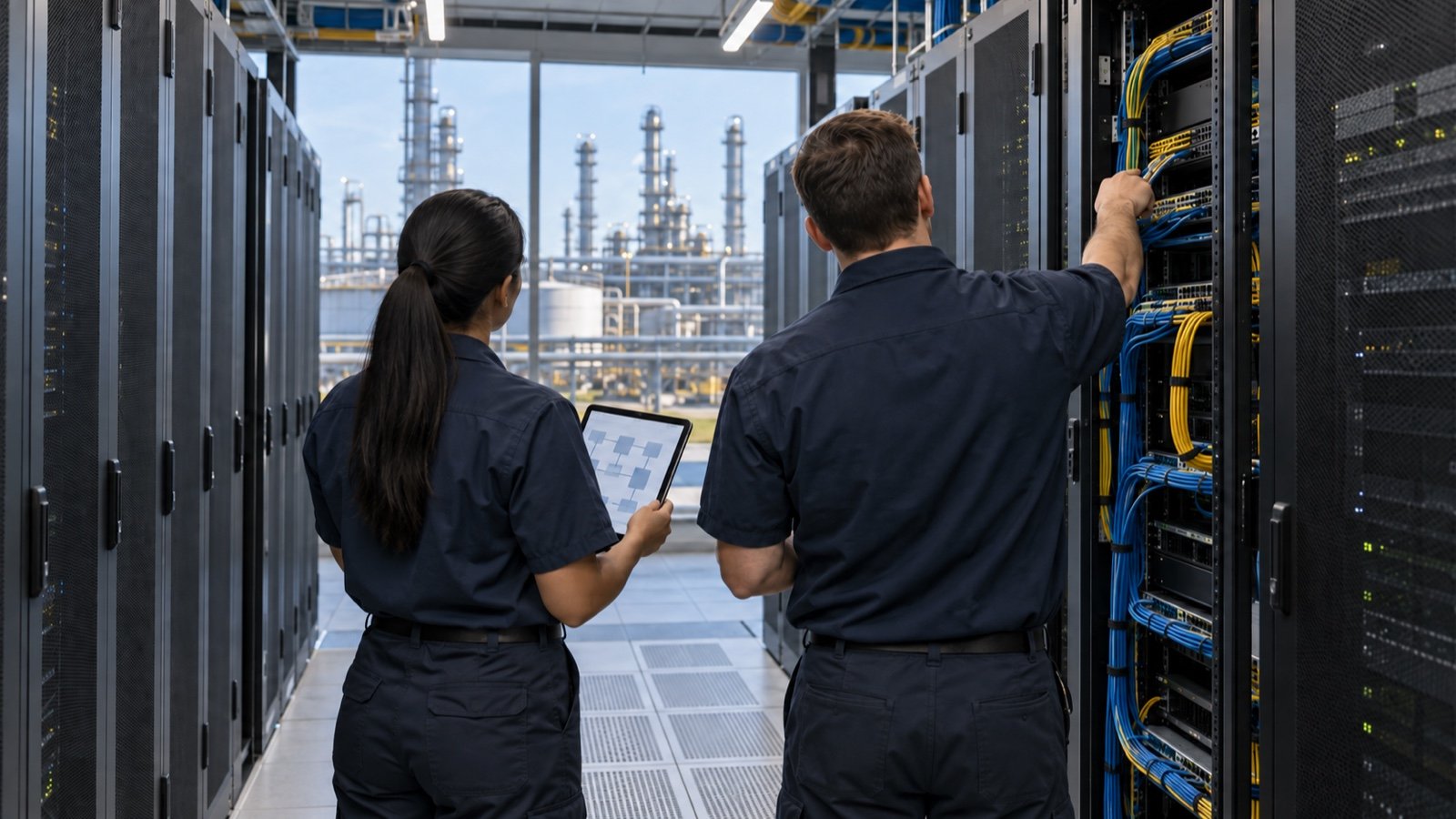 Infrastructure engineers viewed from behind inspect server racks and network connections in a data center aisle.