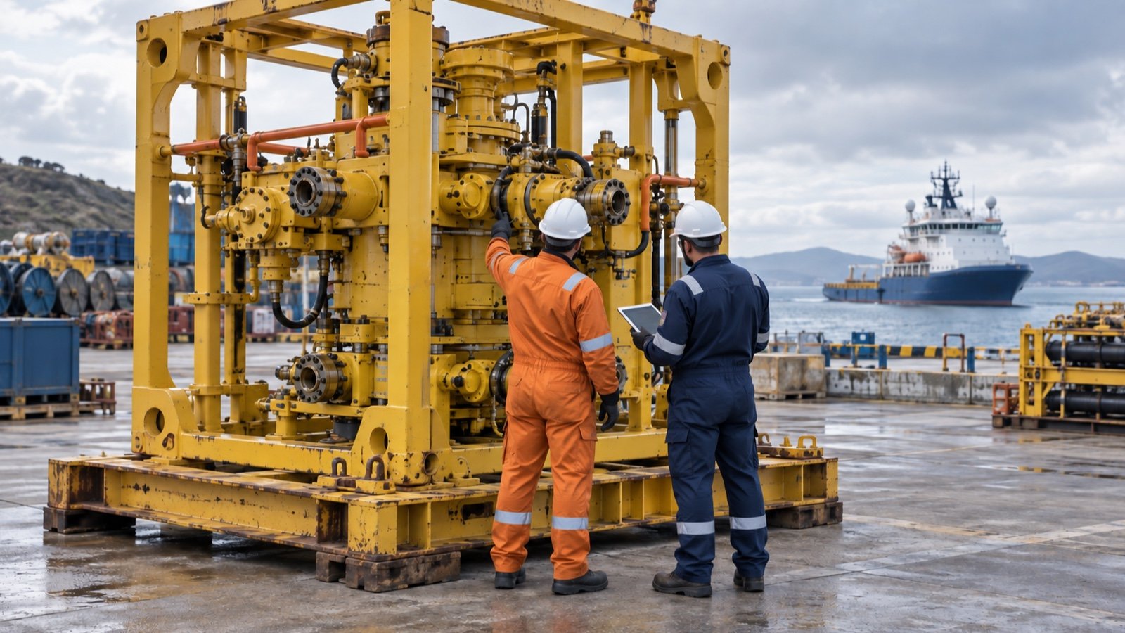 Technicians inspecting a subsea production tree in a coastal equipment yard.
