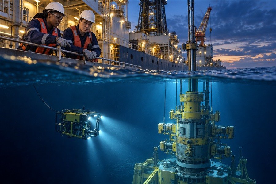 Offshore engineers with a deepwater drilling vessel and subsea equipment.