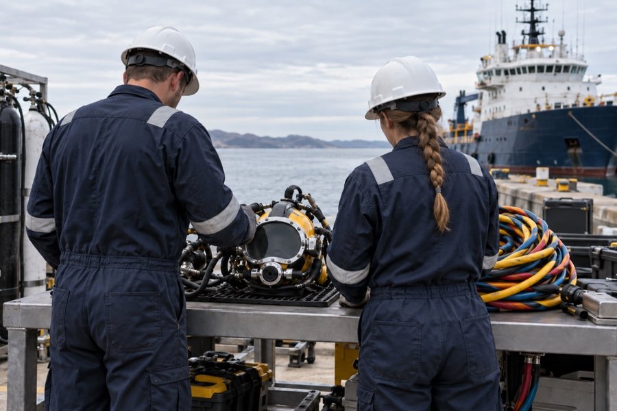 A diving supervisor and technician viewed from behind inspect diving equipment beside a dockside work area.