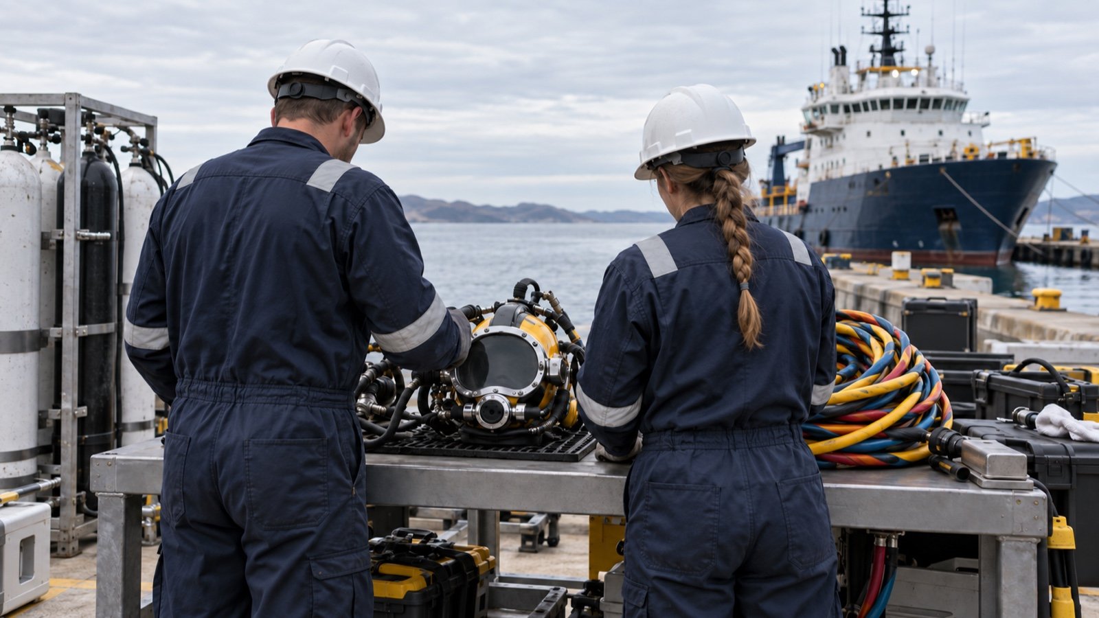 A diving supervisor and technician viewed from behind inspect diving equipment beside a dockside work area.
