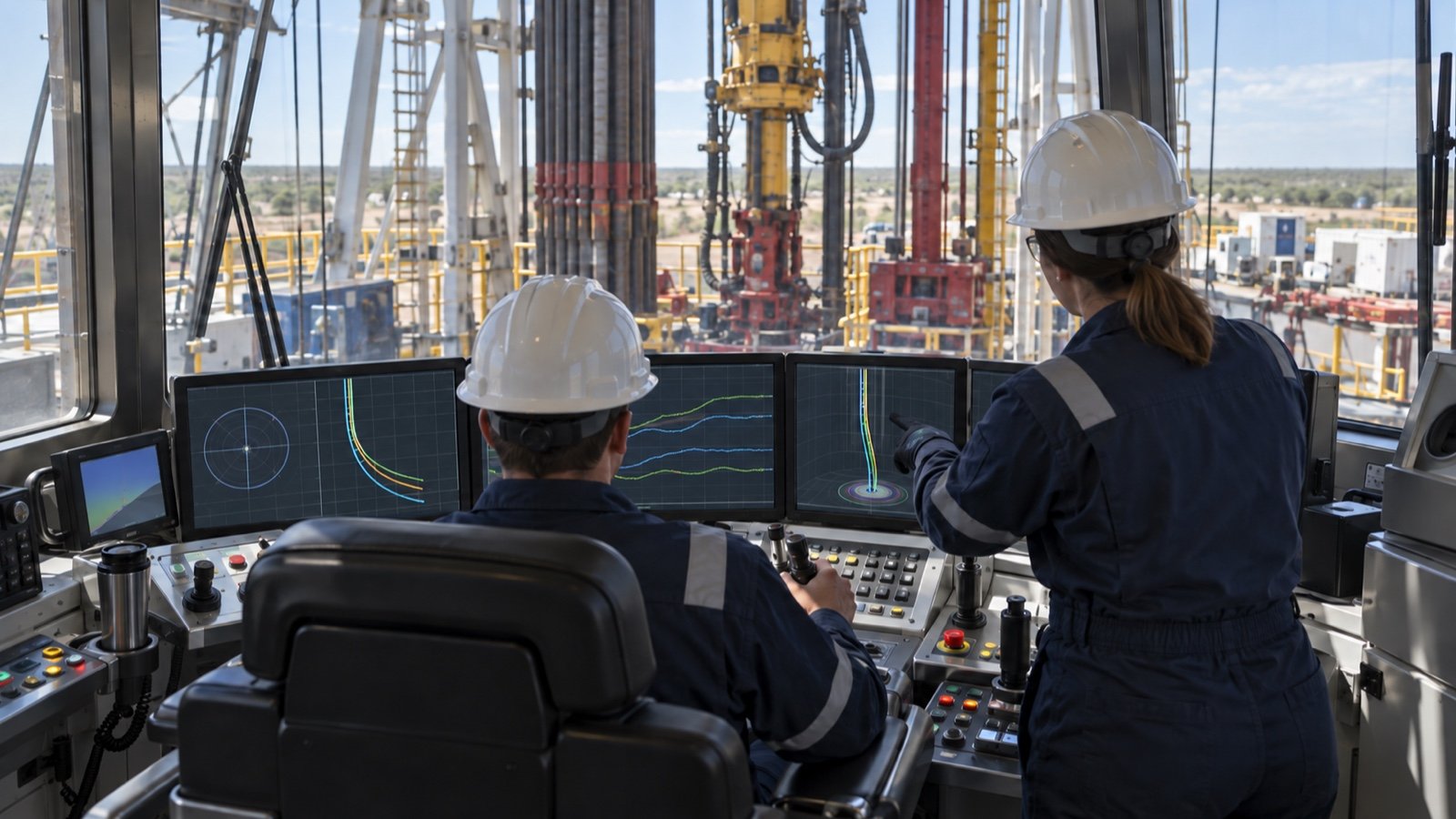 Drilling engineers monitoring well trajectories and rig operations from a driller's cabin.
