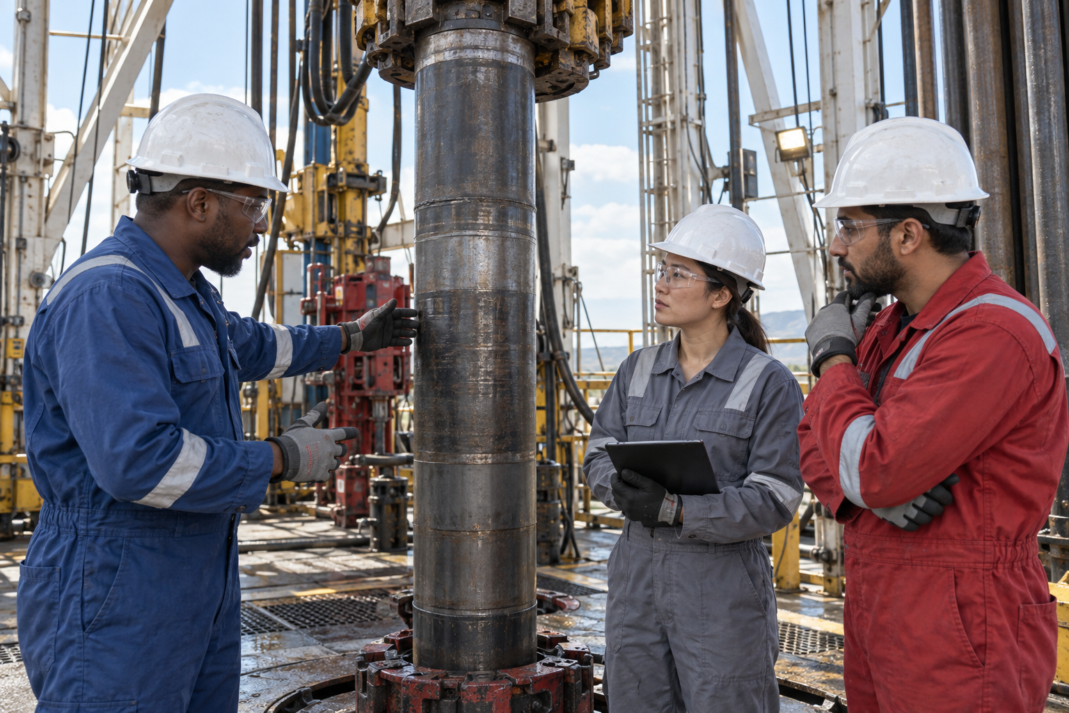 Drilling engineers inspecting equipment on a drilling rig.