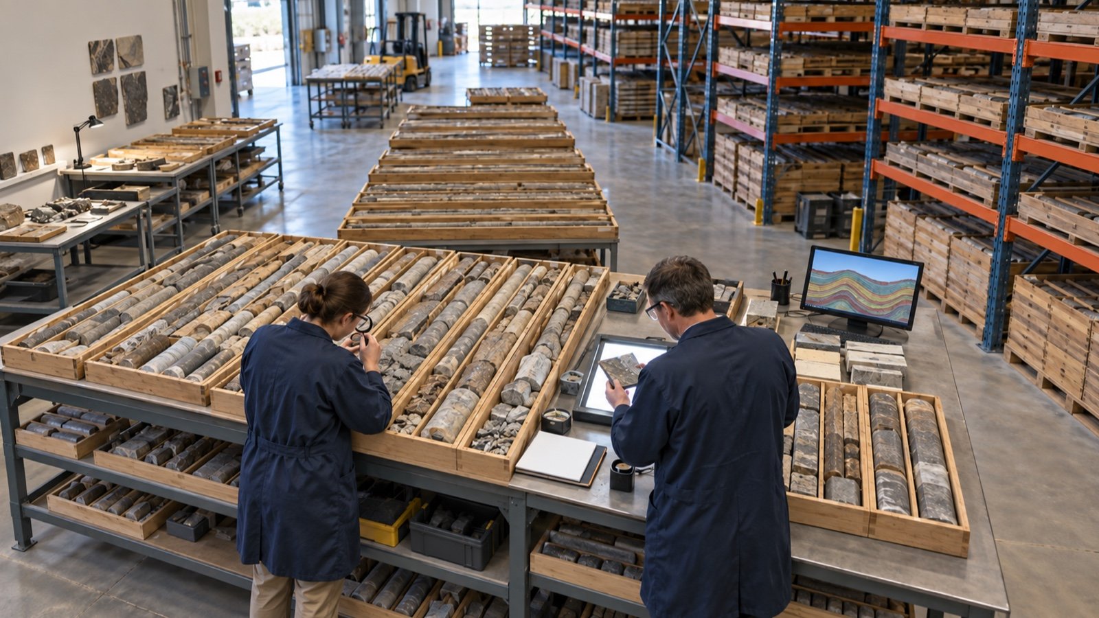 Geoscientists examining drill cores and a geological cross-section in a petroleum core repository.