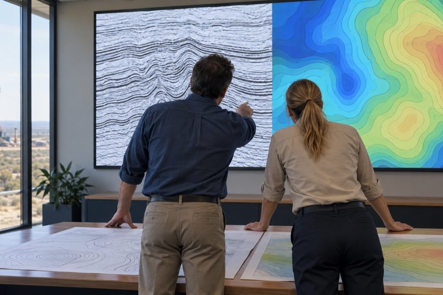 Geoscientists viewed from behind review seismic sections and survey maps in an exploration workspace.