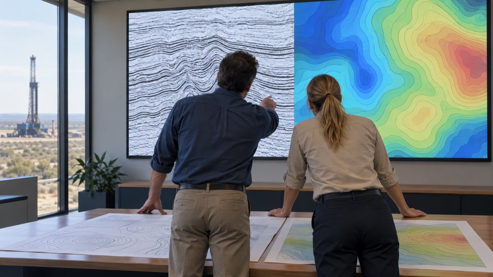 Geoscientists viewed from behind review seismic sections and survey maps in an exploration workspace.