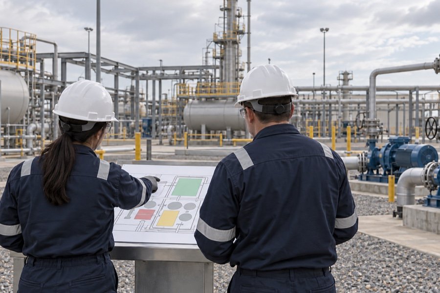 Safety specialists viewed from behind review a worksite risk plan beside equipment at an oil and gas facility.