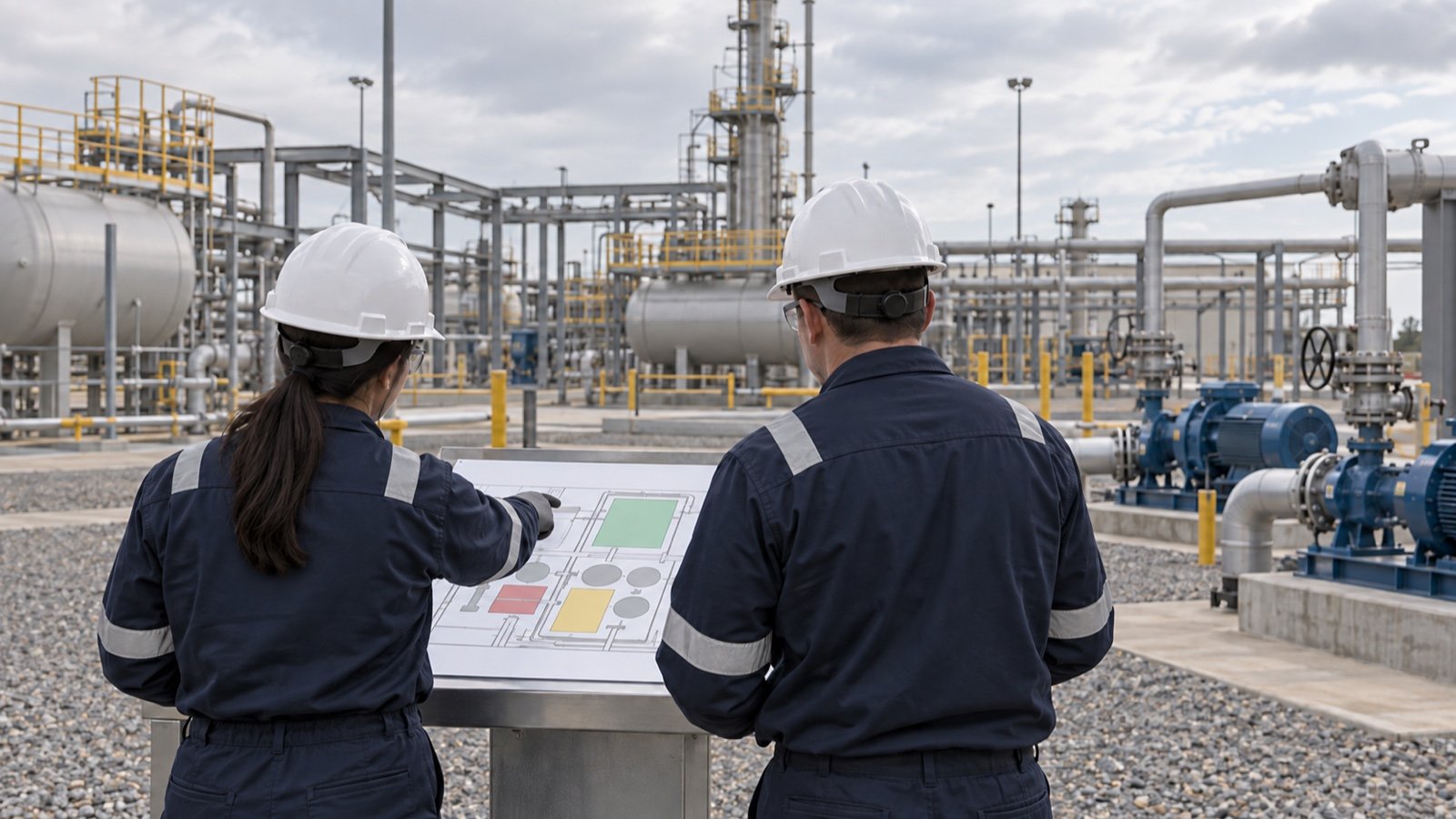 Safety specialists viewed from behind review a worksite risk plan beside equipment at an oil and gas facility.