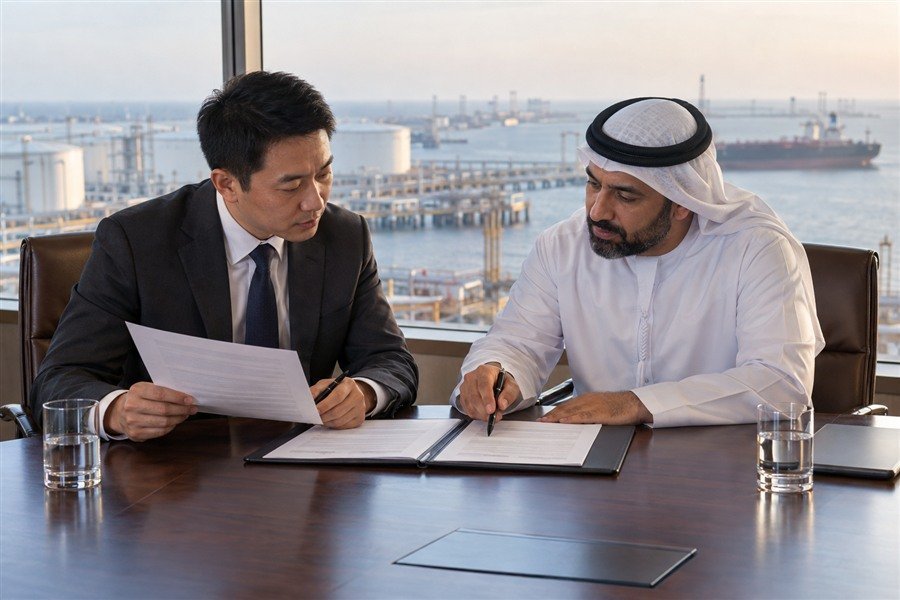 Professionals reviewing an oil and gas contract beside an industrial port.
