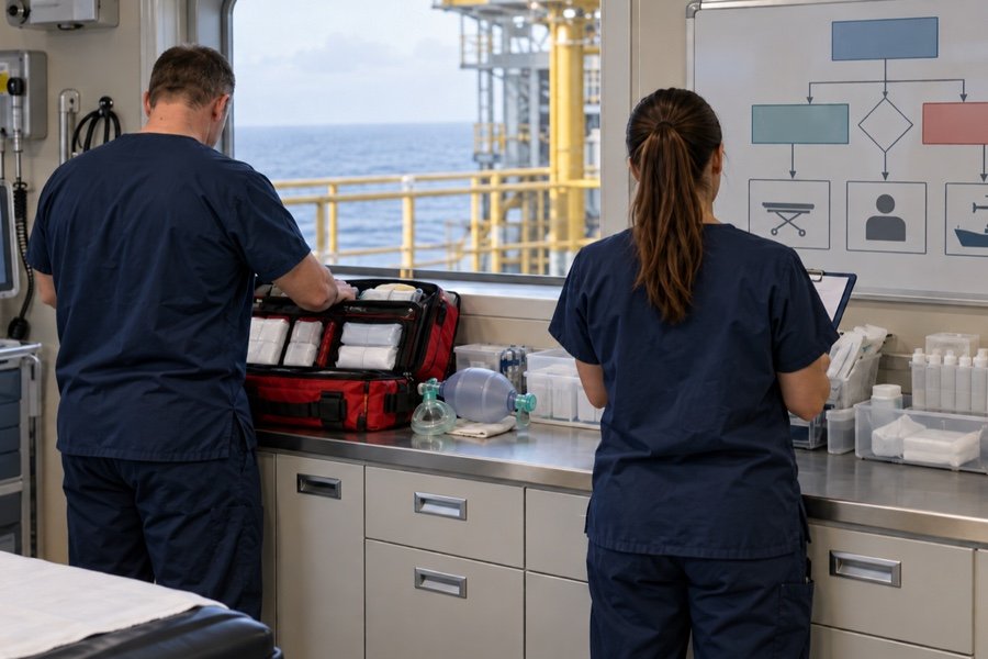 Medical personnel viewed from behind review emergency equipment and a response plan in an offshore clinic.