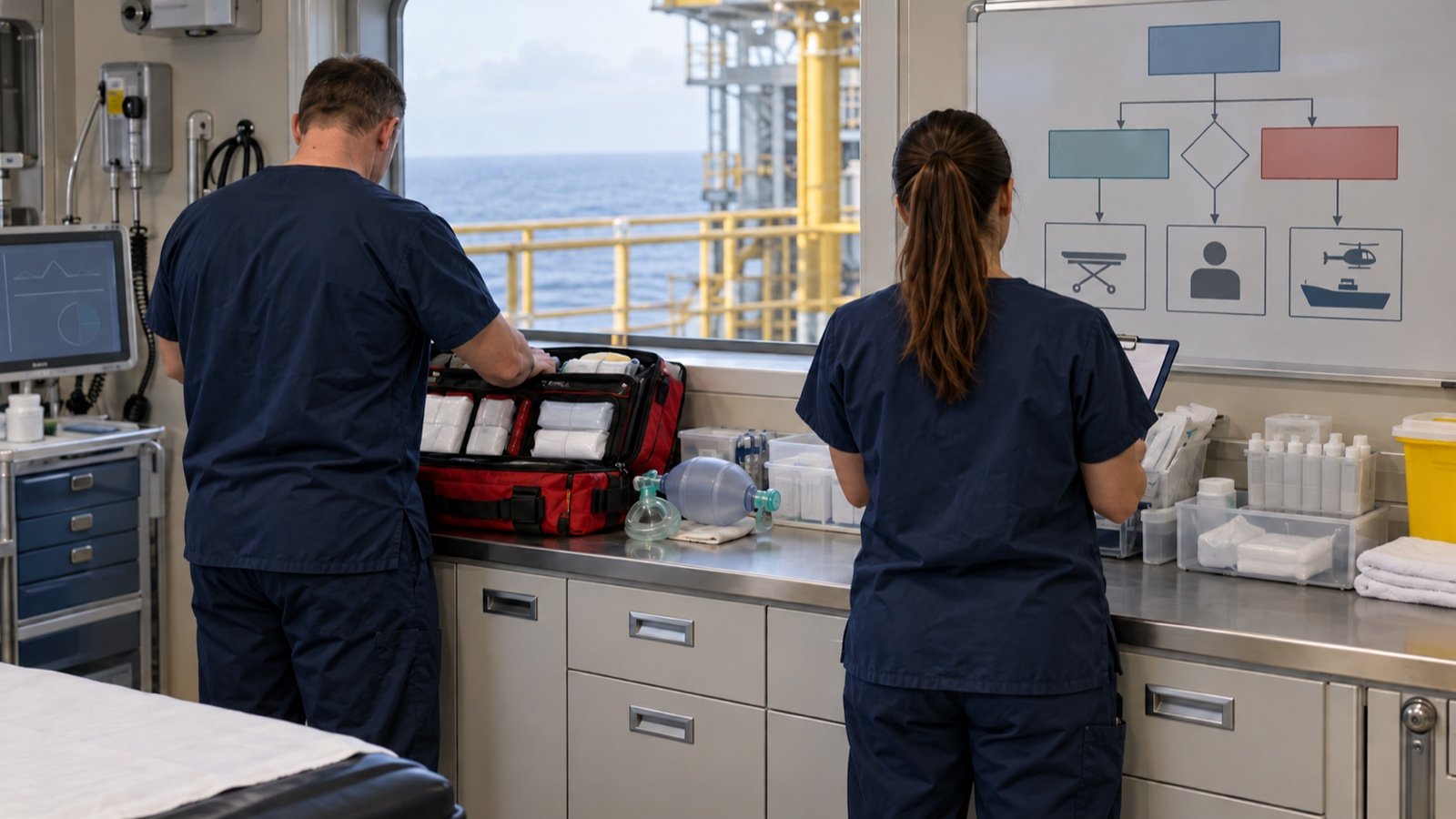 Medical personnel viewed from behind review emergency equipment and a response plan in an offshore clinic.