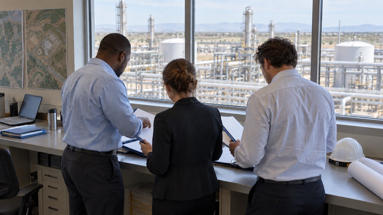 Energy-sector professionals reviewing project documents in an office overlooking a gas processing plant.