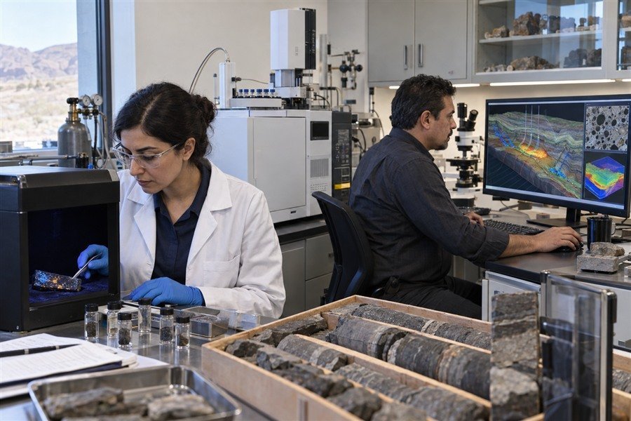 Laboratory specialists examining rock samples and petroleum reservoir models.