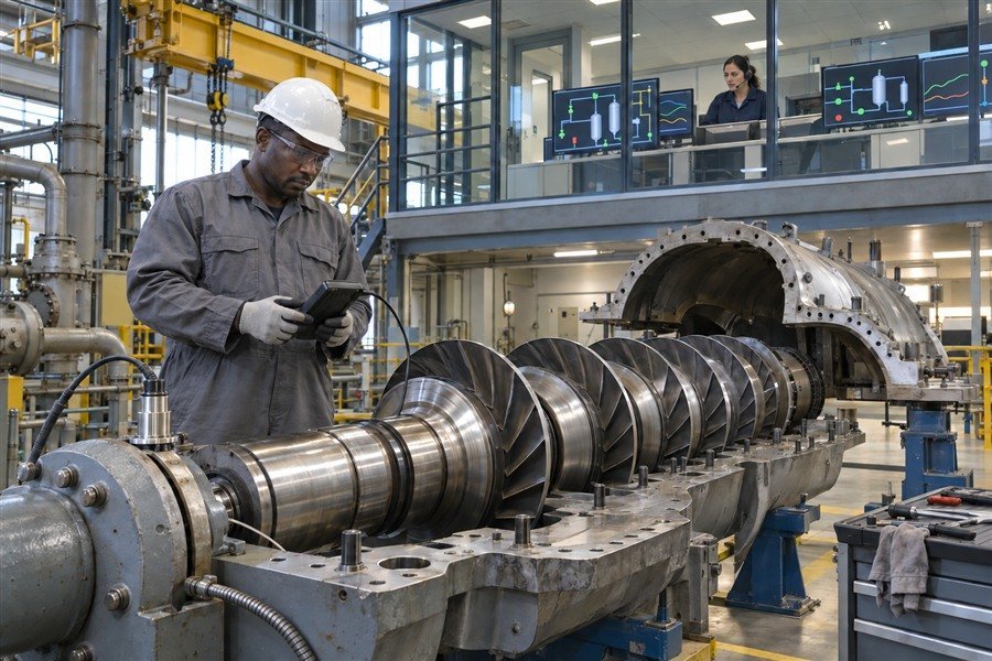 An engineer inspecting rotating equipment in a process facility.
