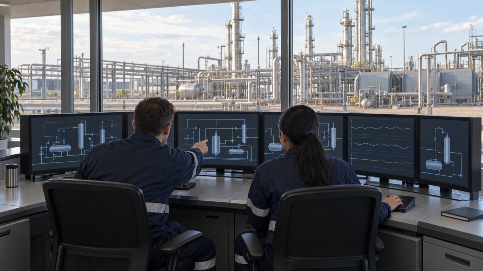 Operators monitoring process diagrams and trends in a gas processing plant control room.