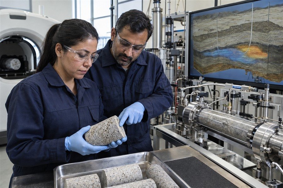 Reservoir specialists studying core samples and a subsurface model.