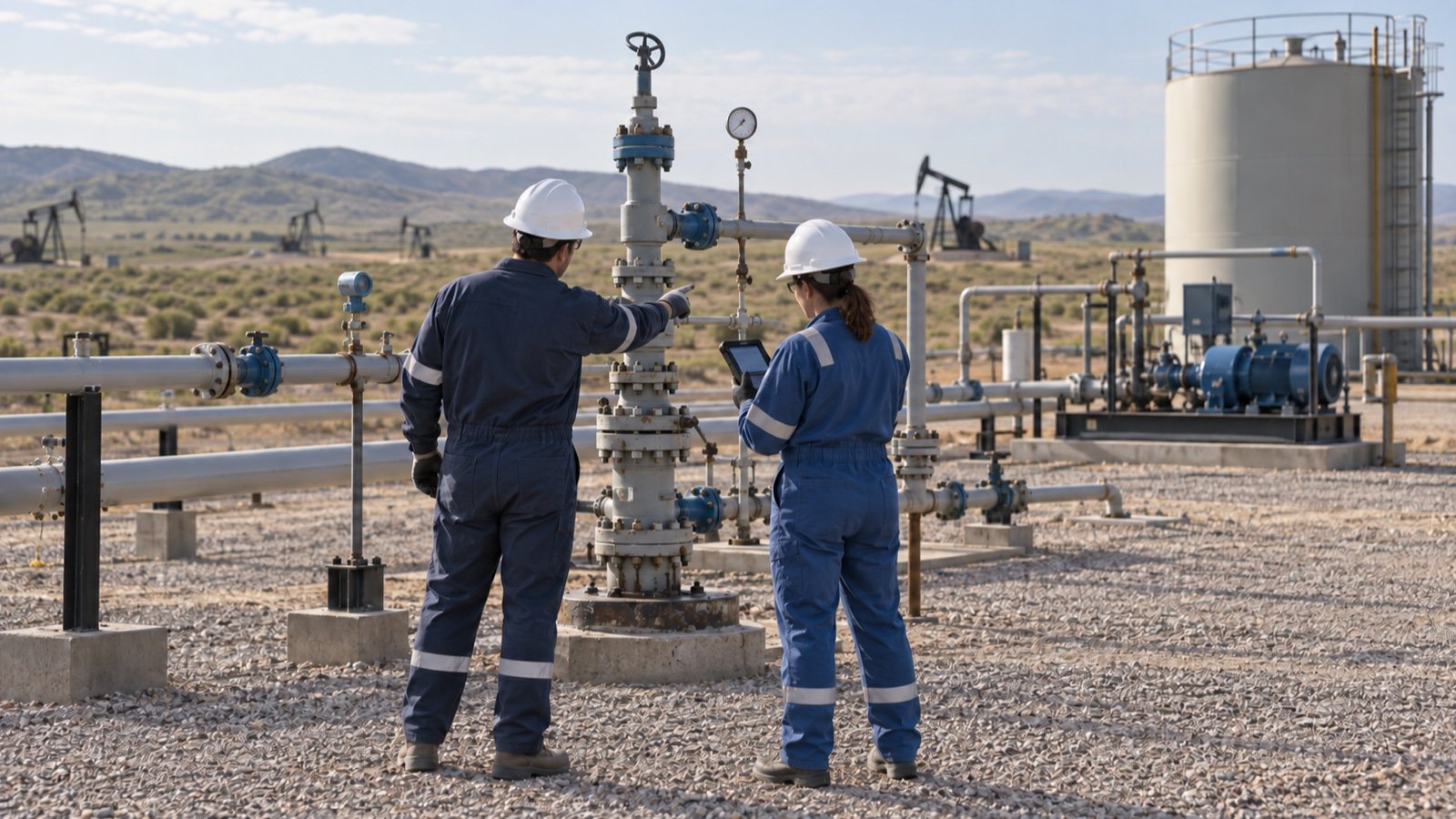 Engineers inspecting a water-injection wellhead and monitoring equipment at an onshore oilfield.