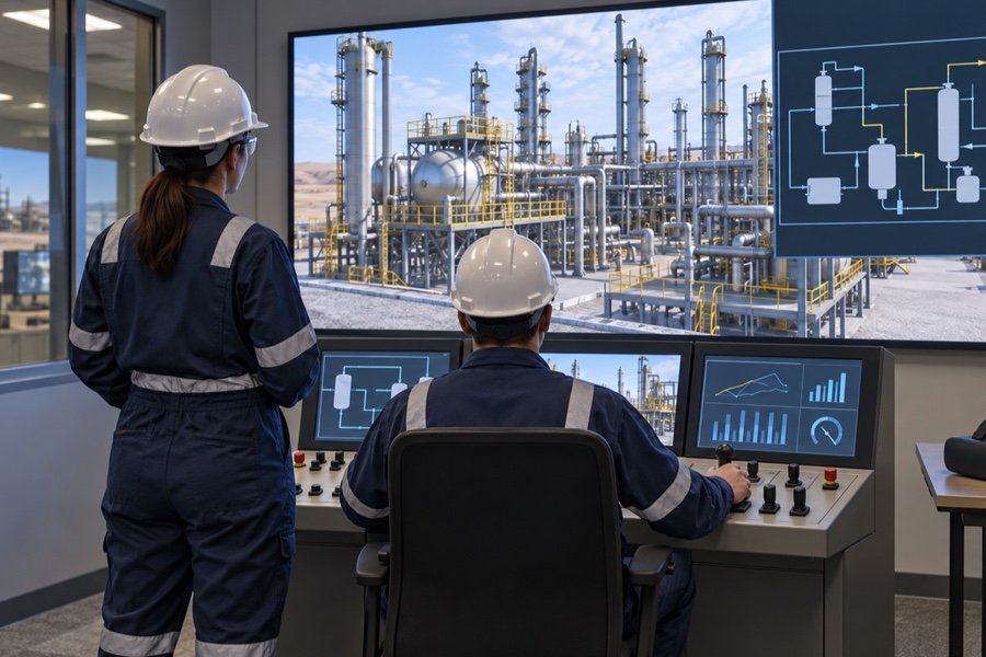 An operator viewed from behind uses a simulator console while a colleague reviews the displayed process scene.