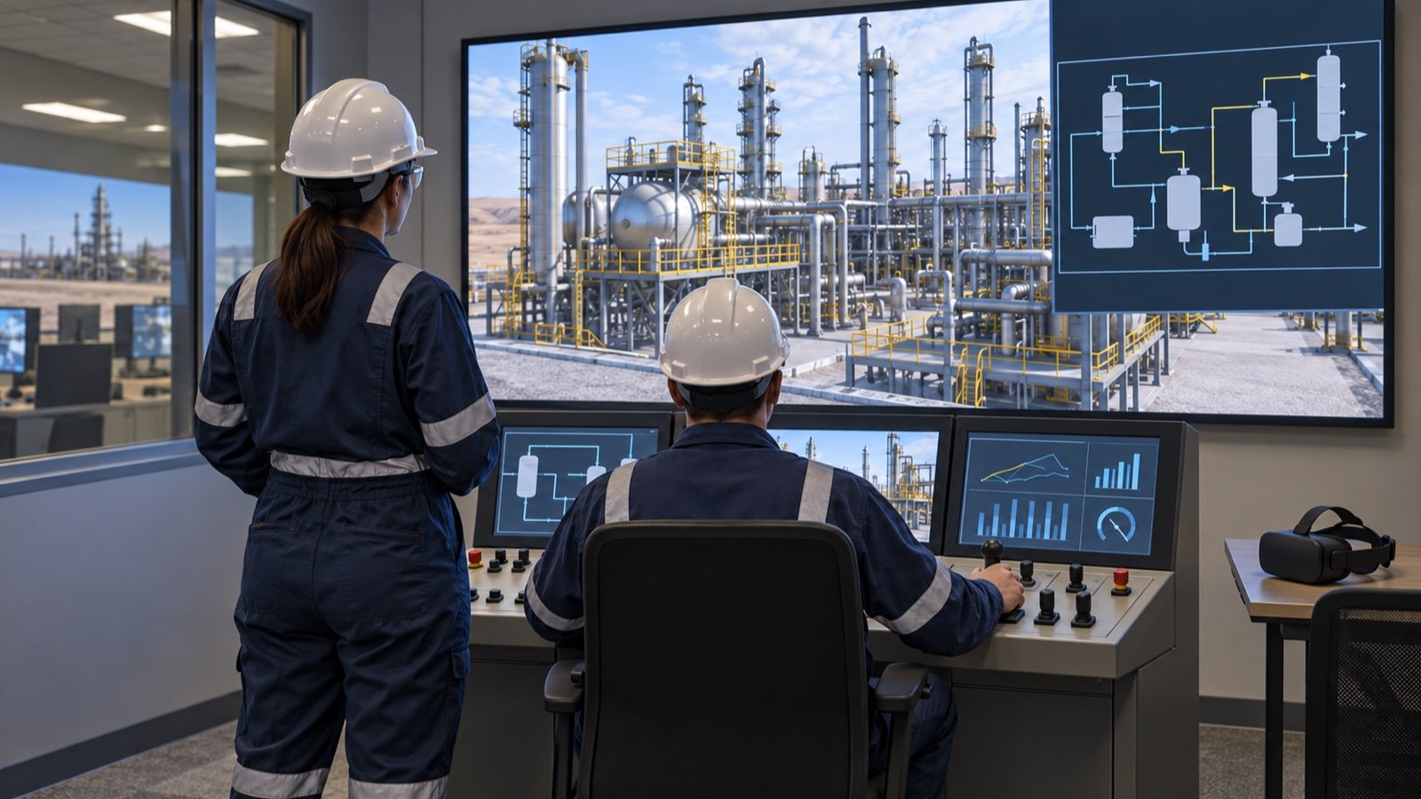 An operator viewed from behind uses a simulator console while a colleague reviews the displayed process scene.