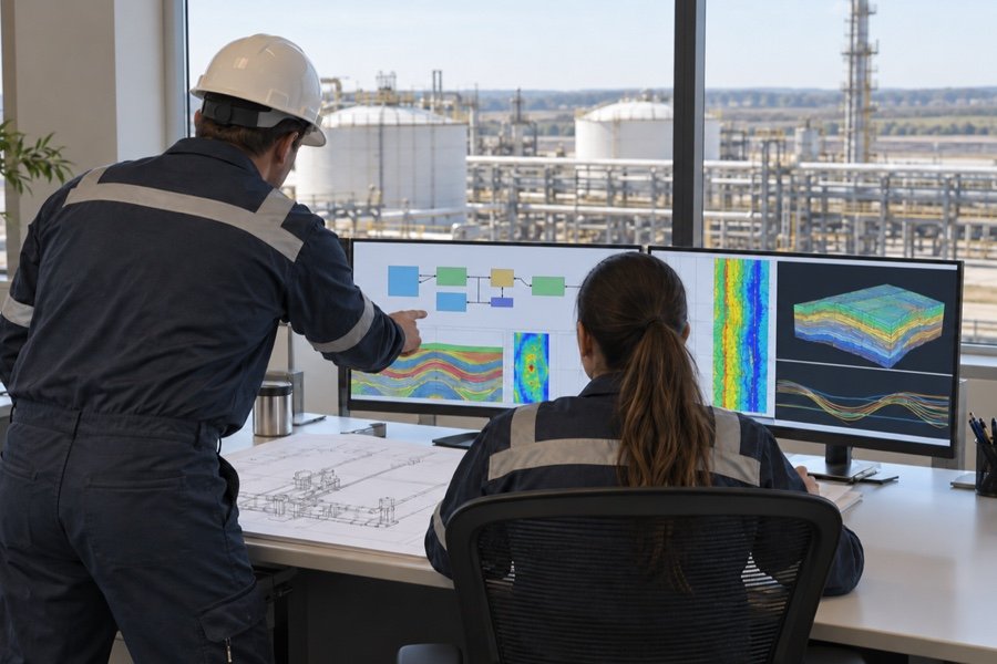 Technical specialists viewed from behind review software interfaces and engineering documents at a shared workstation.
