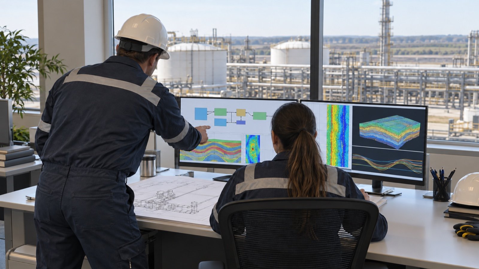 Technical specialists viewed from behind review software interfaces and engineering documents at a shared workstation.