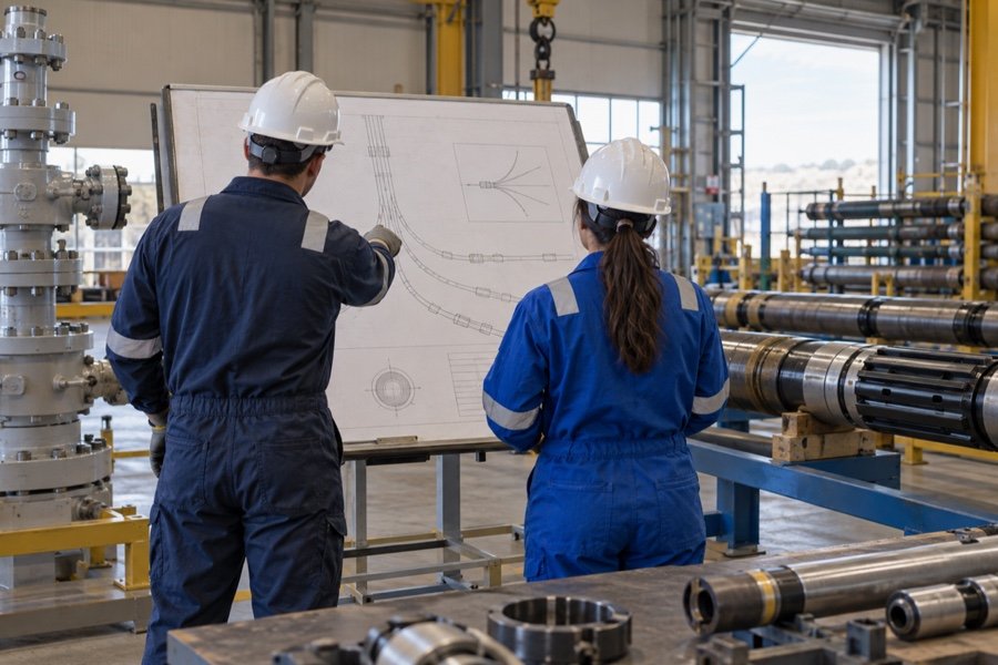 Well engineers viewed from behind review completion diagrams beside equipment in a well services workshop.