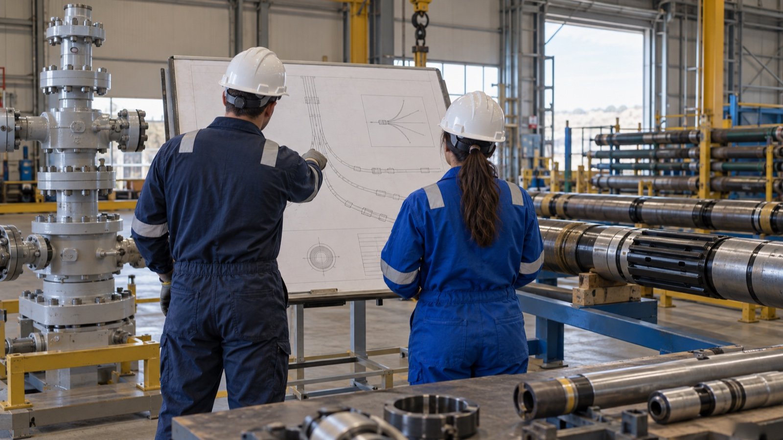 Well engineers viewed from behind review completion diagrams beside equipment in a well services workshop.